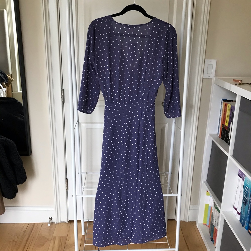 Mango Blue Wrap Tea Length Polka Dot Dress NWT - Picture 4 of 4